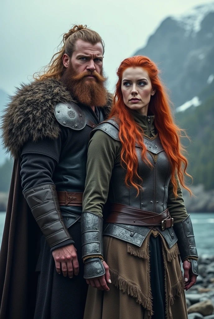 Viking Universe, a warrior leader with blonde hair and beard, Norse, and a duo, with a redhead with blue eyes, Viking armor, partner. in the Drakar viking