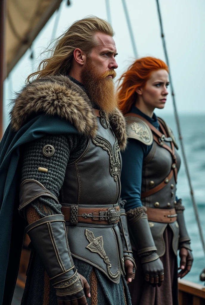 Viking Universe, a warrior leader with blonde hair and beard, Norse, and a duo, with a redhead with blue eyes, Viking armor, partner. in the Drakar viking