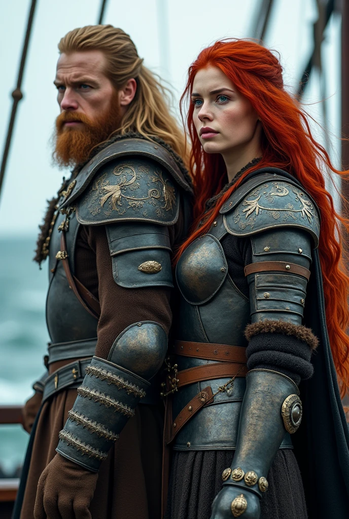 Viking Universe, a warrior leader with blonde hair and beard, Norse, and a duo, with a redhead with blue eyes, Viking armor, partner. in the Drakar viking