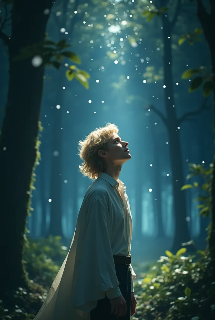 A young man, handsome, prince style, a semi-long soft blonde hair, In the forest looking at the stars around him.
It has a touch of Japanese style to the atmosphere and the physicality of it.. The image looks semi-blurry