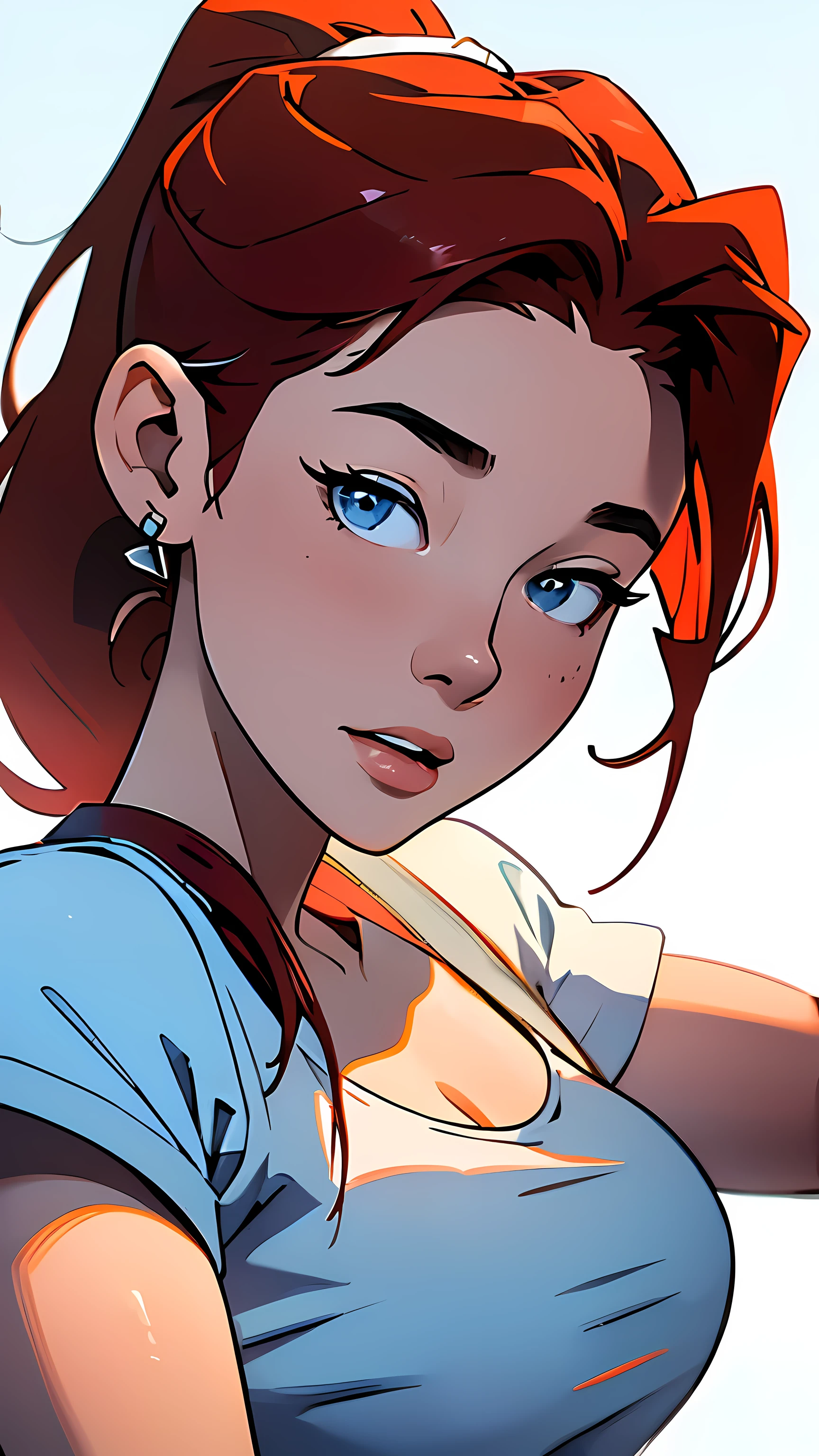 masterpiece, best quality, portrait, highest image quality, waitress, looks like Olivia Dunne, bright red hair, ponytail, blue eyes, wearing a white graphic t-shirt, large breasts, White background, close up of her face, sultry expression, cool pose, relaxing