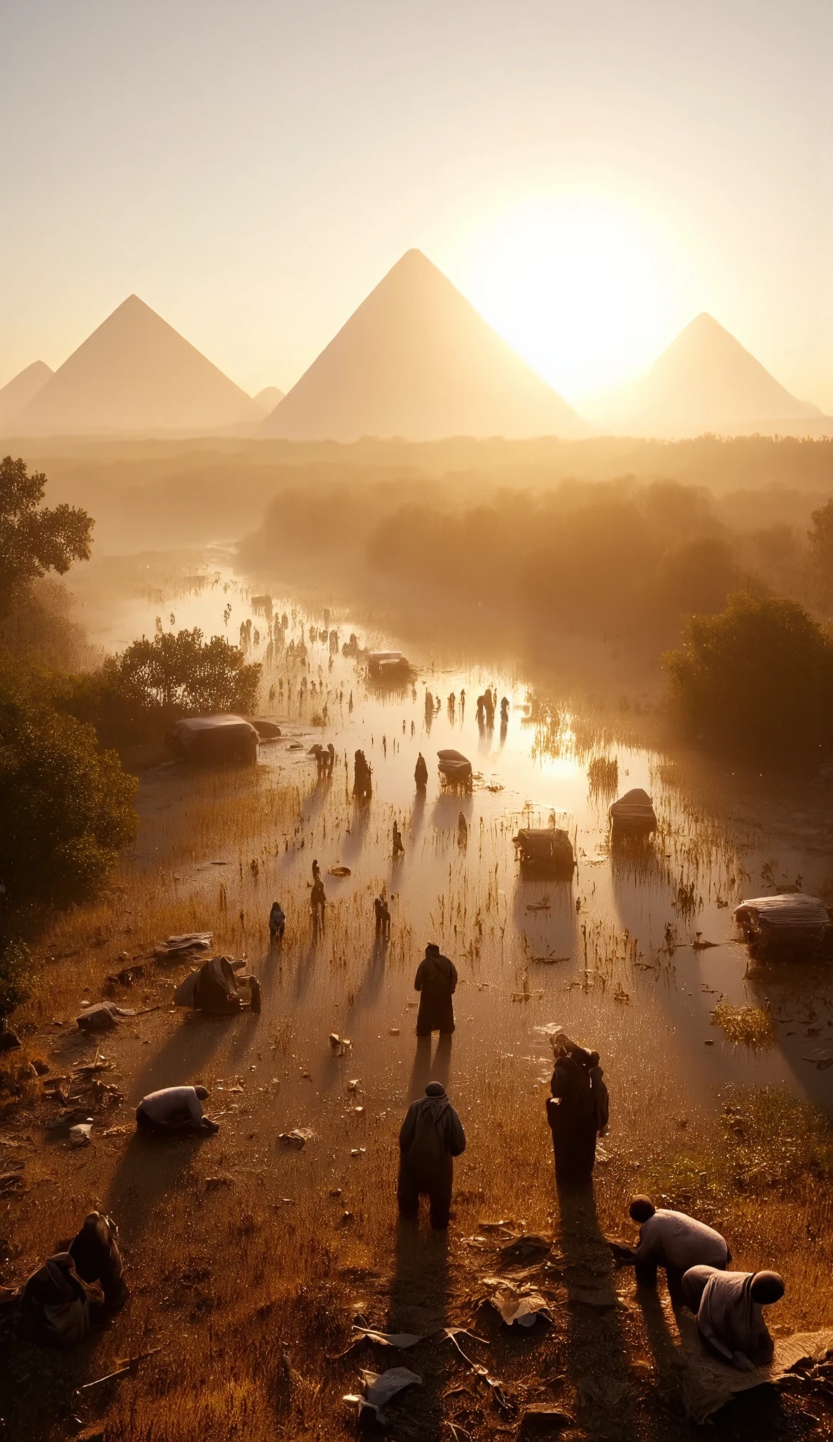 Cinematic film still of Photorealism:1. Long time ago in ancient Egypt, a landscape at dawn featuring majestic pyramids in the background and the Nile River reflecting the sunlight. A group of Egyptians working in papyrus fields, wearing traditional clothing and using period tools. The atmosphere is one of tranquility and prosperity, ancient style, historical style, movie-themed, sharp, detailed, epic cinematic photography, artistic style, dramatic cinematic light, cinematic color style, Kodak motion picture film style, cinematography style, standing, outdoors, sky, shallow depth of field, vignette, highly detailed, high budget, bokeh, cinemascope, moody, epic, gorgeous, film grain, grainy, UHD, 4k, ultra-detailed.