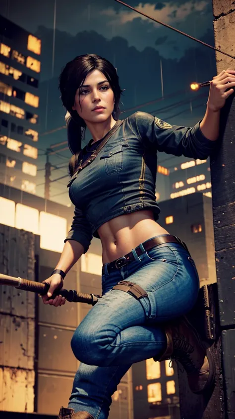 lara croft, beautiful and perfect face, wearing a denim jacket with a black t-shirt underneath, wearing jeans, wearing brown boo...