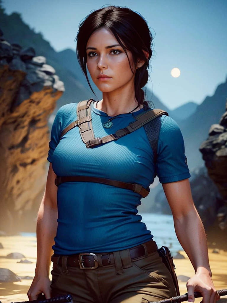 Picture of Lara Croft in a blue shirt and brown pants climbing a mountain in an underground cave. The scene is lit by the moon reflecting into the water. DLSR, sharp focus, soft lighting, masterpiece, perfect face, ultra detailed face, perfect brown eyes, beautiful face, photorealistic, 8k, masterpiece
