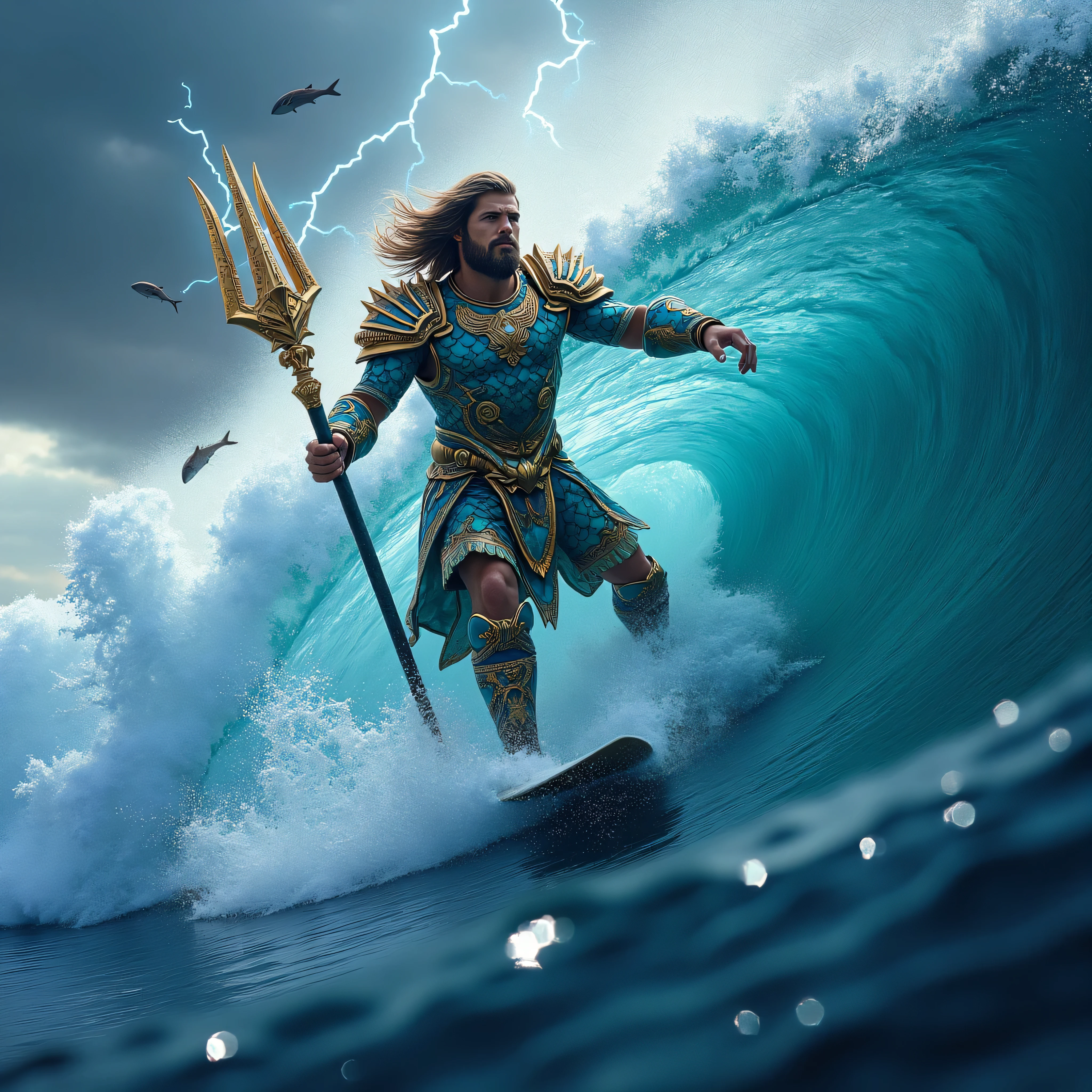 Poseidon, the mighty God of the Seas, fused seamlessly with the ocean, riding a colossal wave as if he and the water are one entity. His divine armor is a masterpiece, shimmering with iridescent scales that reflect the colors of the sea and sky, adorned with intricate patterns that echo the ocean's flow. The armor appears to be forged from the depths of the ocean itself, merging coral textures with luminous shells and glints of gold, exuding an aura of otherworldly power. His trident, radiating with a mystical energy, crackles with electric currents that dance across the water's surface. Poseidon’s form is sculpted by the tides, his hair and beard blending into the waves, making it clear that he is the embodiment of the sea itself. The towering wave he surfs is not just water; it's alive with his spirit, swirling in impossible shapes that reveal his control over the ocean. Sea creatures leap joyfully around him, their scales catching the light as they join in his legendary ride. The sky above is charged with storm energy, lightning bolts illuminating the scene as thunder echoes his dominance. Every droplet and crest of foam glistens with hyper-realistic detail, creating an epic visual symphony that declares Poseidon as the true God of Surfing.