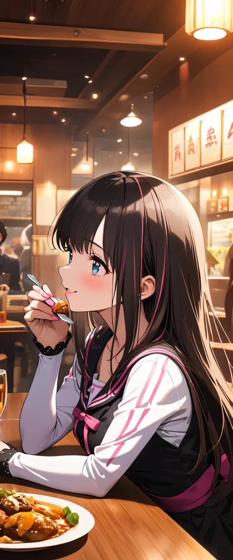 anime girl eating a meal at a restaurant with a glass of wine