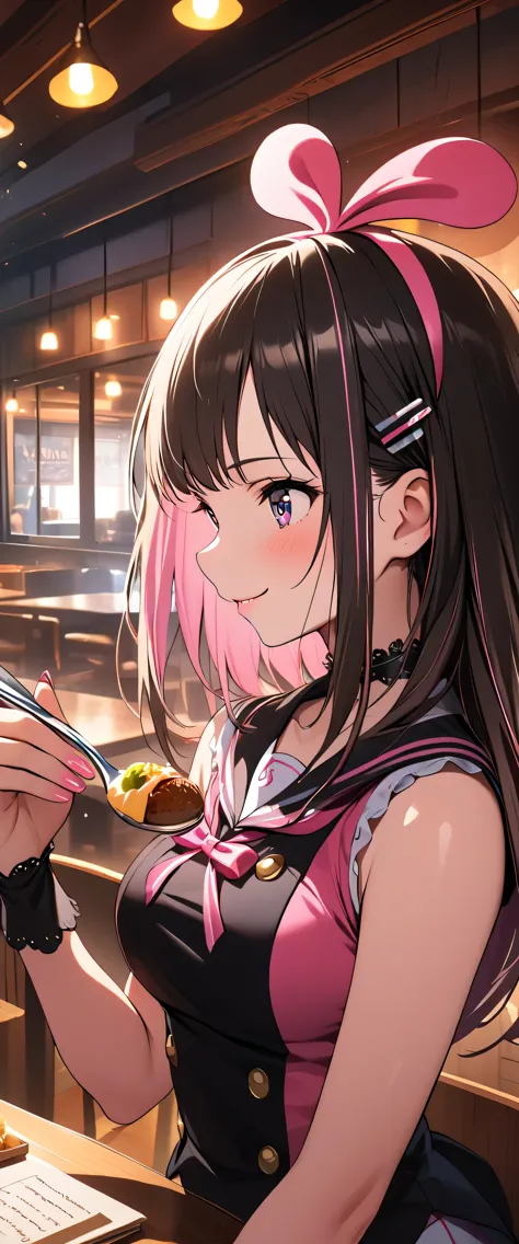 anime girl in a restaurant with a plate of food and a laptop（kizuna ai)