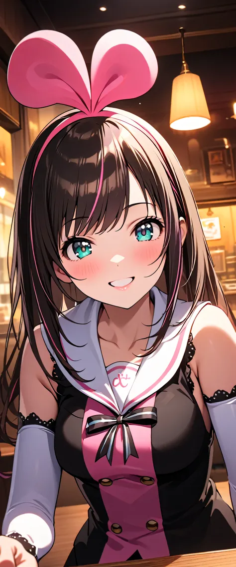 anime girl with pink hair and blue eyes sitting at a table（kizuna ai)