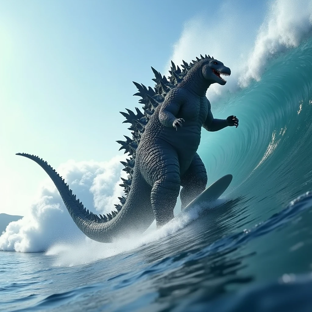 (masterpiece, best quality:1.2),  godzilla surfing, full body shot, detailed surf board, Hi3_godzilla