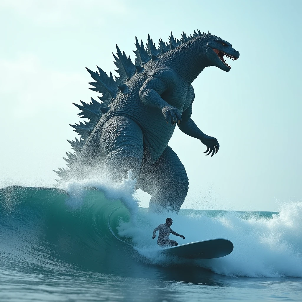 (masterpiece, best quality:1.2),  godzilla surfing, full body shot, detailed surf board, Hi3_godzilla