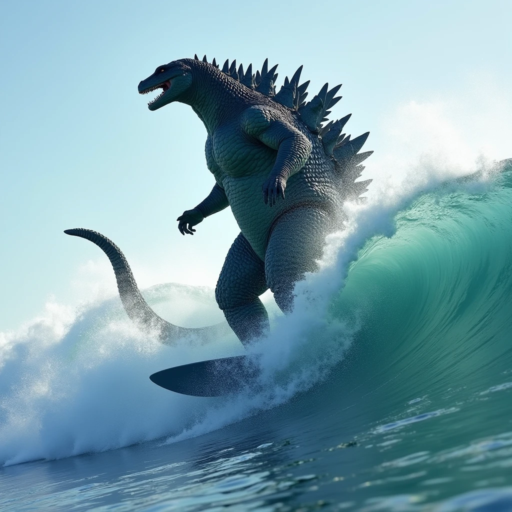 (masterpiece, best quality:1.2),  godzilla surfing, full body shot, detailed surf board, Hi3_godzilla