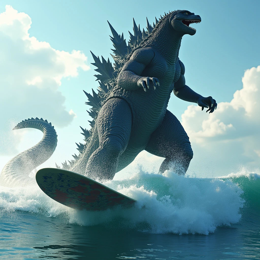 (masterpiece, best quality:1.2),  godzilla surfing, full body shot, detailed surf board, Hi3_godzilla