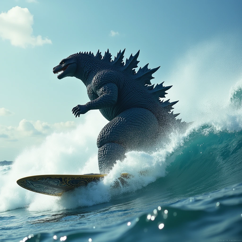 (masterpiece, best quality:1.2),  godzilla surfing, full body shot, detailed surf board, Hi3_godzilla