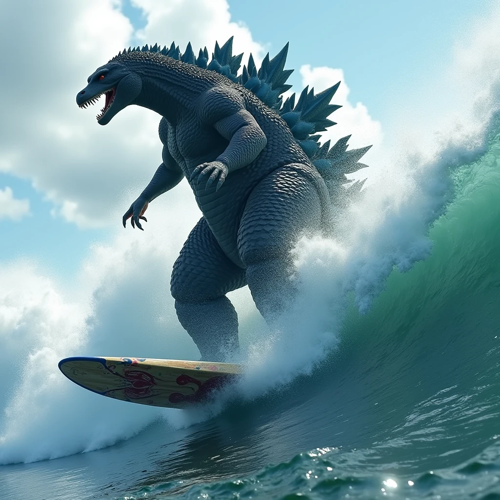 (masterpiece, best quality:1.2),  godzilla surfing, full body shot, detailed surf board, Hi3_godzilla