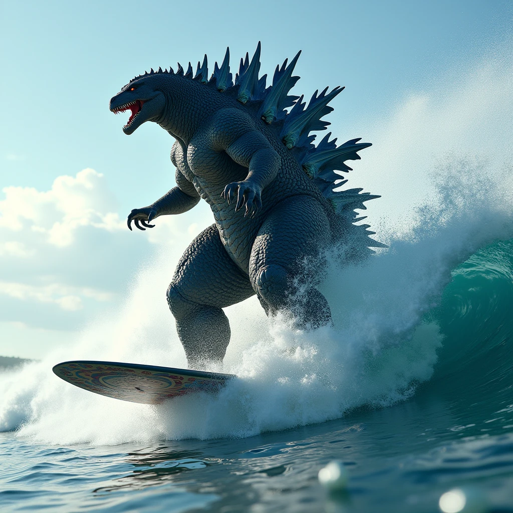 (masterpiece, best quality:1.2),  godzilla surfing, full body shot, detailed surf board, Hi3_godzilla