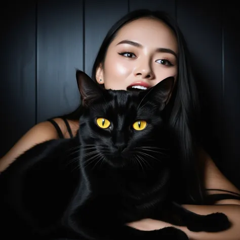 Many black cats relaxing in a pitch-black room、Black cat with glowing eyes、girl, Owner, Scream in surprise at the black cat、I was so surprised I jumped up、Owner girl is yelling、The black cat looks at Owner with annoyance.、Owner&#39;My friends are laughing out loud、