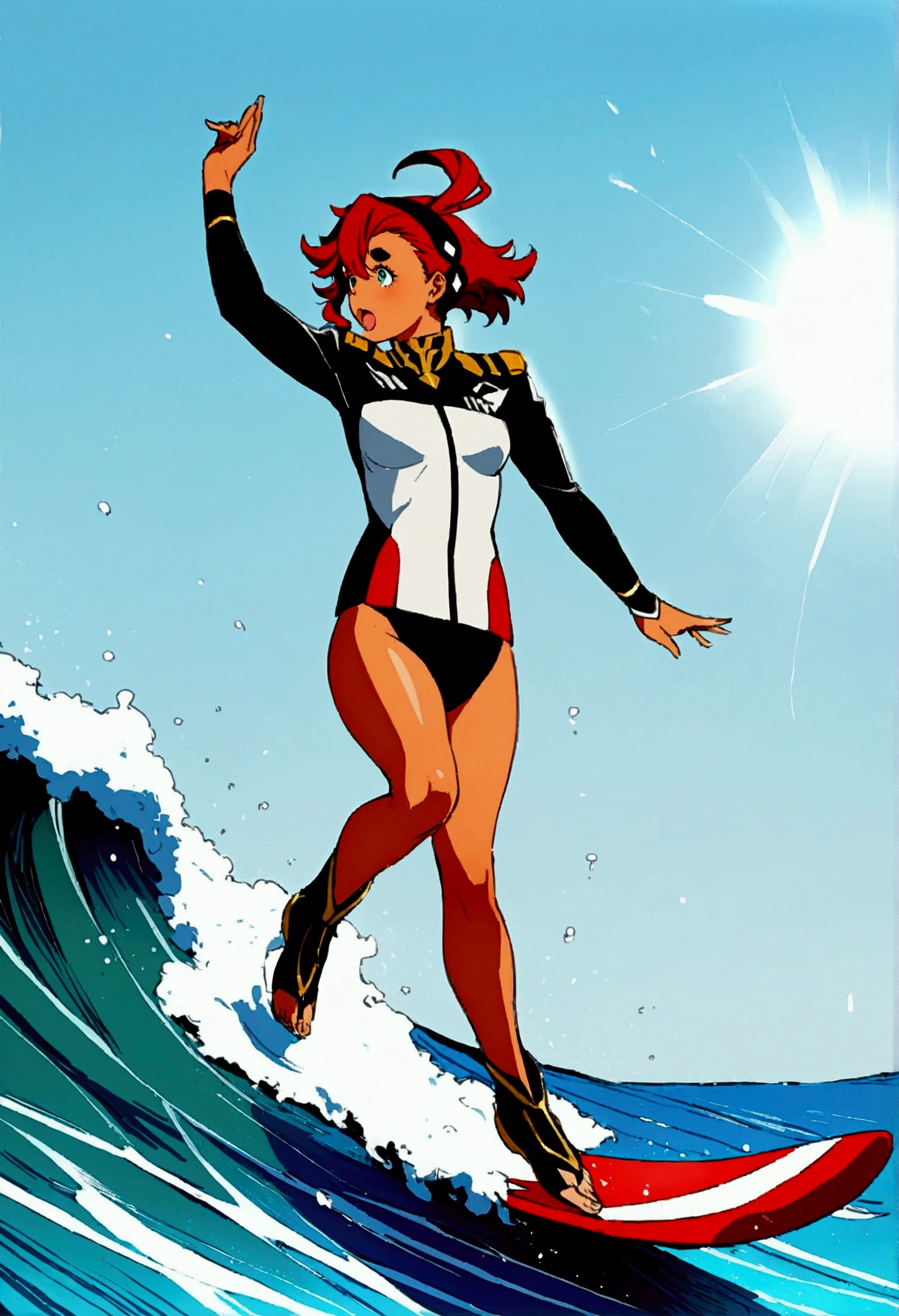 1girl, suletta mercury, gundam, surfing, full body shot