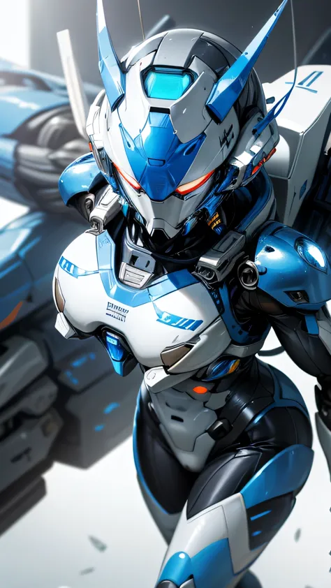 Close-up of a robot with a helmet and a blue and white suit, Fourze, HEV Suit, Cyber Armor, Cyber Japan Armor, Cyber Suit, Cyber Suits, Cyber Japan style armor, Porcelain Cyborg Armor, Blue and ice silver armor, full body Mecha suit, Cyber Suit, Sci-Fi Suit, Energetic Varia Suit, diverse Cyber Suits