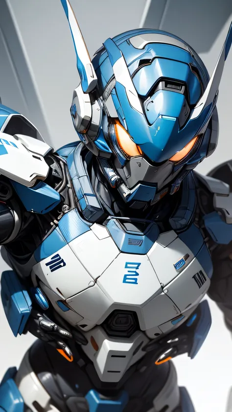 Close-up of a robot with a helmet and a blue and white suit, Fourze, HEV Suit, Cyber Armor, Cyber Japan Armor, Cyber Suit, Cyber Suits, Cyber Japan style armor, Porcelain Cyborg Armor, Blue and ice silver armor, full body Mecha suit, Cyber Suit, Sci-Fi Suit, Energetic Varia Suit, diverse Cyber Suits