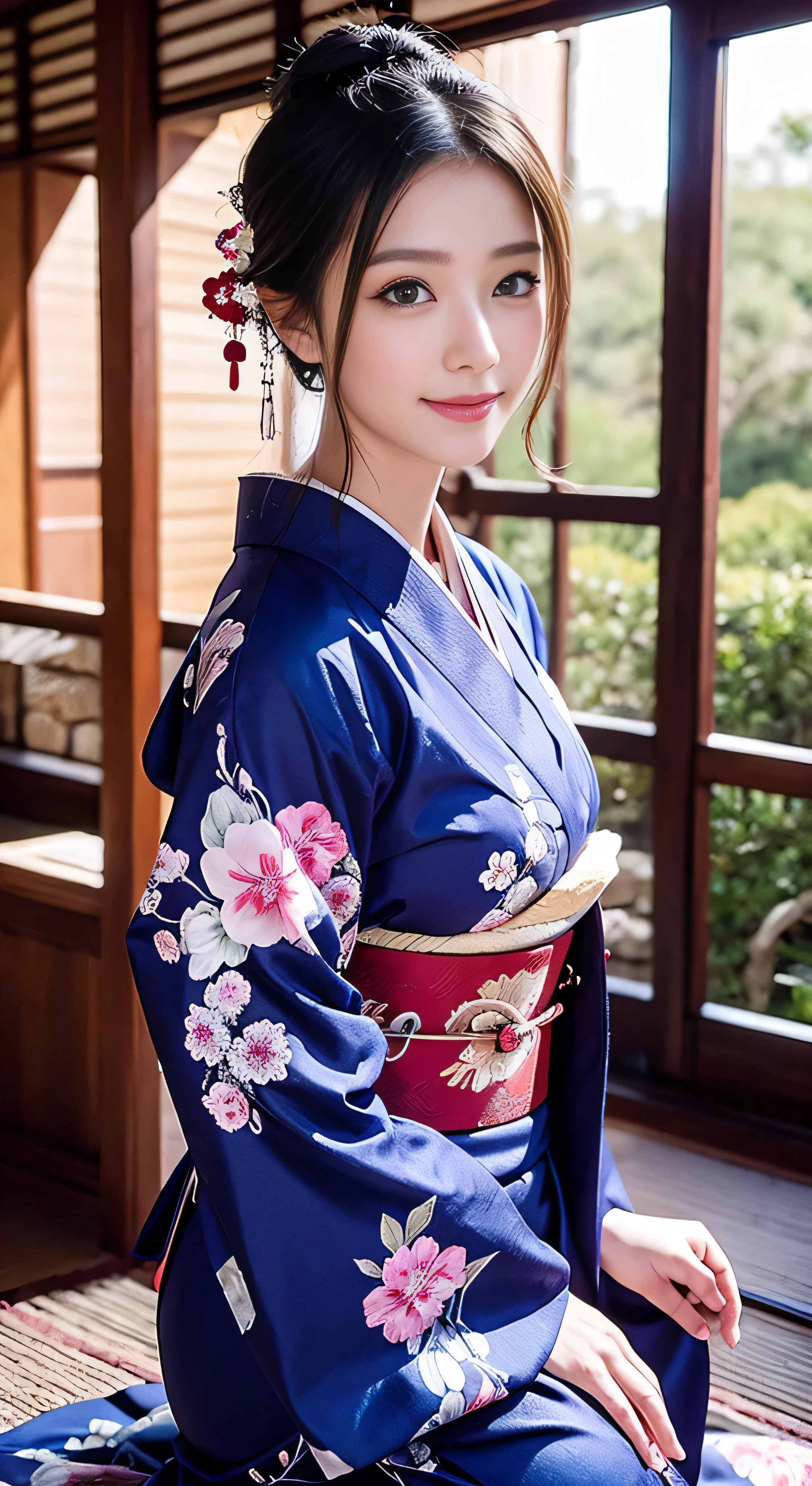 With high definition images，In the garden of a samurai residence With high definition images，Beautiful women in the Manyo period, Beautiful woman wearing ancient kimono costume, A beautiful woman in a flowing ピンクの floral kimono, Light Silk, Pose with a smile, Big plum, Plum Tree, Ink painting style, Beautiful colors, The decisive cut, Facial details, Freehand, masterpieceHighly detailed, A magnificent composition, Full body high quality images