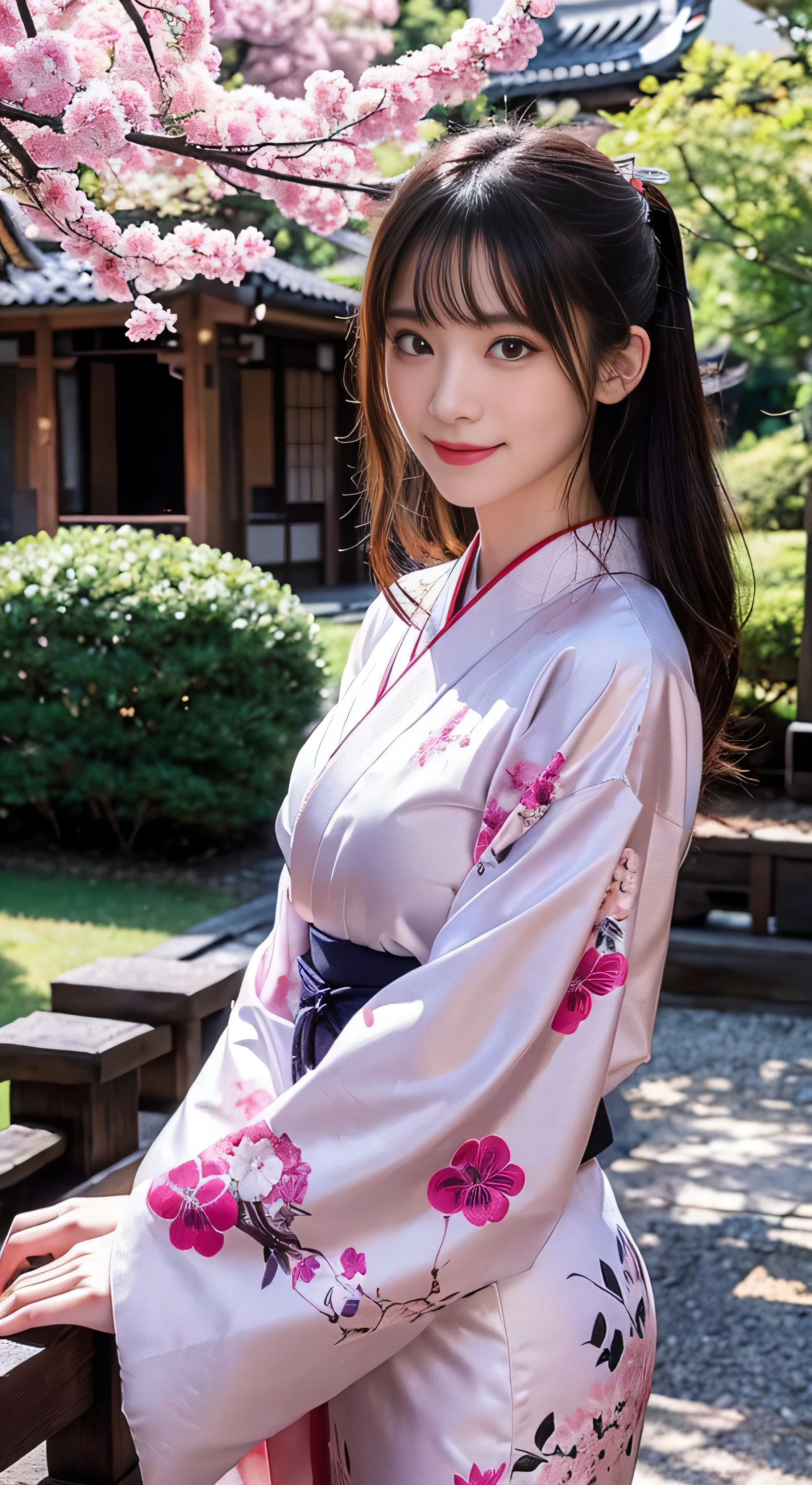 With high definition images，In the garden of a samurai residence With high definition images，Beautiful women in the Manyo period, Beautiful woman wearing ancient kimono costume, A beautiful woman in a flowing ピンクの floral kimono, Light Silk, Pose with a smile, Big plum, Plum Tree, Ink painting style, Beautiful colors, The decisive cut, Facial details, Freehand, masterpieceHighly detailed, A magnificent composition, Full body high quality images