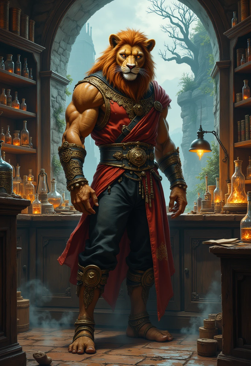 alchemist, a muscular middle-aged lion man, full body in Michelangelo Buonarroti style, digital illustration anime, character focus, full body, looking away, from above, BREAK little smile, alchemy robe, pants, standing, (shaking a test tube), elegant pose, detailed painting landscape, alchemy shop, indoor, complete anatomy, perfect proportions, beautiful thigh gap, fluffy body, intricate fur details, beautiful fur texture, BREAK detailed lion 1tail, detailed boots, beautiful foot, BREAK detailed hands, 5fingers, 5fingers nails,BREAK aesthetic anime face, insanity detailed face, male face, big face, square jawline, aesthetic anime eyes, detailed brown eyes, detailed brown cornea, detailed dark brown irises, detailed pupils, male eyes, big eyes, male eyebrows, innocent look, beautiful beard, BREAK masterpiece, official art, best quality, very aesthetic, absurdres, super fine illustration, great quality, BREAK noise reduction, very highres, large filesize, high quality, 32K, 8k wallpaper, dynamic lighting, BREAK insanity detailed, ultra detailed, intricate details, extremely detailed, detailed texture, an extremely delicate and beautiful, full color, HDR, BREAK e621 uncut tag, Fur Affinity illustration, osukemo, kemohomo, anthropomorphic, furry, cartoon, harmonious, pastoral, virtuous, epic atmosphere