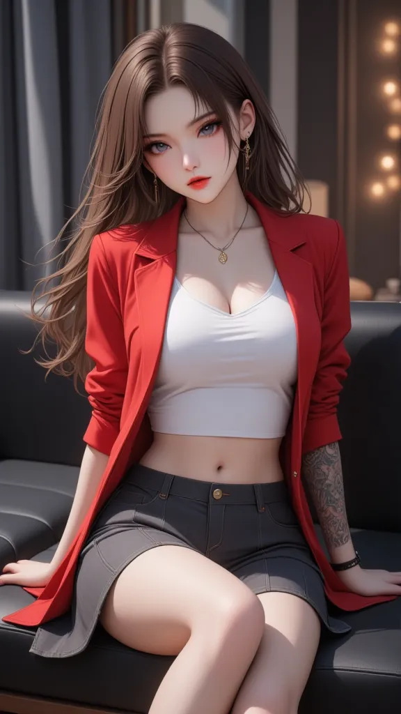 1 girl, red blazer set, white crop top with protruding sleeves, gray pleated skirt, tattoo, full body photo , tattoos , sofa, da...