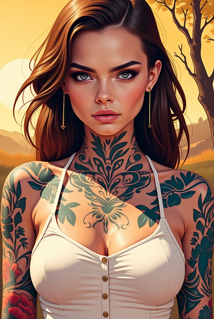 A draw of cara delevigne with tattoos, flat draw, close up, flat colors, flat shadows, intricate draw, lineart, the background is a ethereal and surrealistic draw with gold and colorful 