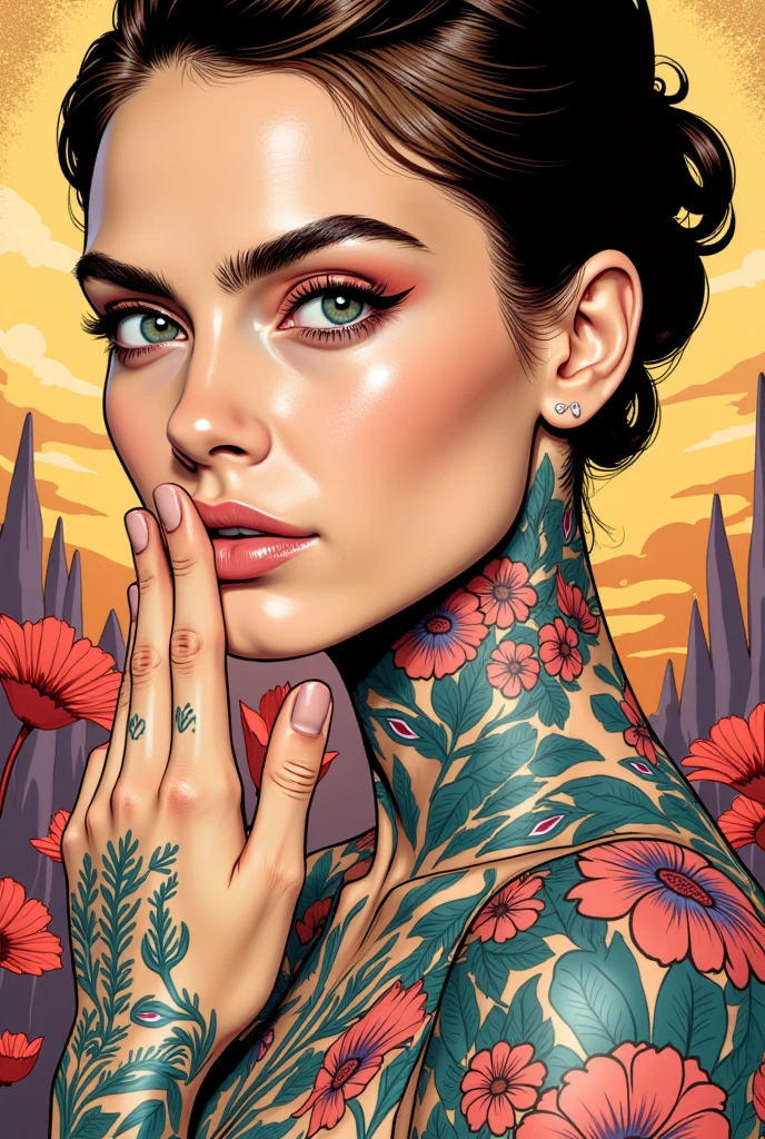 A draw of cara delevigne with tattoos, flat draw, close up, flat colors, flat shadows, intricate draw, lineart, the background is a ethereal and surrealistic draw with gold and colorful 