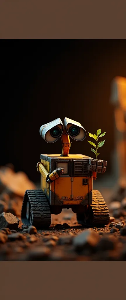 imagen en miniatura, WALL-E, llevando entre sus manos mecánicas, una planta pequeña, entre escombros, UHD, masterpiece, retina, accurate, anatomically correct, textured skin, super detail, high details, high quality, award winning, best quality, highres, 1080P, HD, 16k