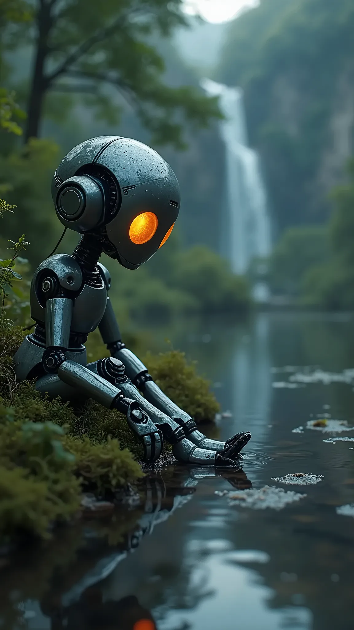 imagen en miniatura, mini robot, sentado junto a un lago, UHD, masterpiece, retina, accurate, anatomically correct, textured skin, super detail, high details, high quality, award winning, best quality, highres, 1080P, HD, 16k