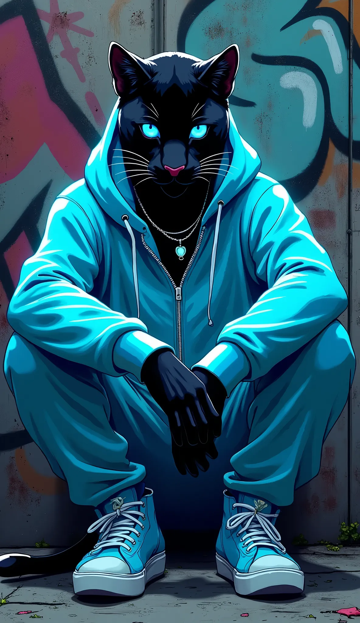 Completely black background, an anime style black panther., Dressed in light blue and cyan hip hop clothing., Sitting on a graffiti wall with his legs crossed, with beautiful cyan eyes, cyan neon lights, abstract image