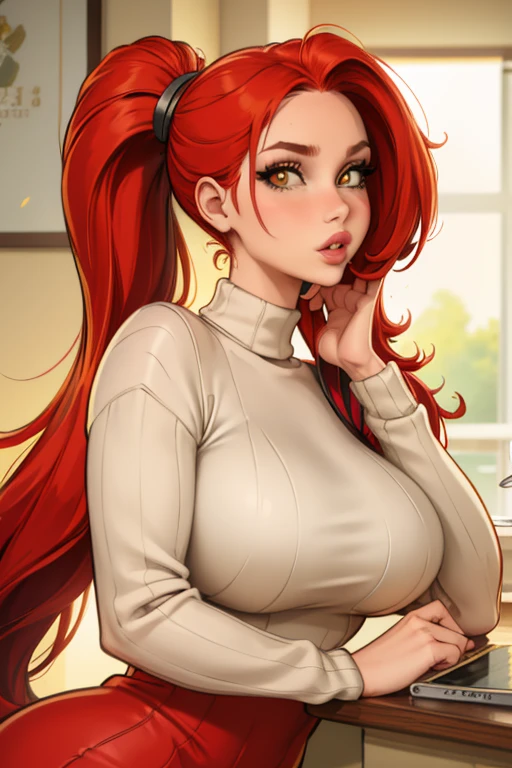 masterpiece, best quality, 1 , Alone, red hair, ponytails, very long hair, yellow eyes, high throat, ribbed sweater, sweater dress, upper body, parted lips, lips, mature woman, curve, hair elastic, Huge breasts, looking at viewer