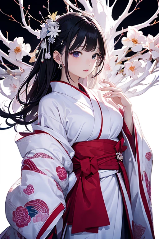 (((White background、White World)))、14 years、Unity 8K Wallpapers、Super detailed、beautiful, beautiful、masterpiece、Please redeem、(Tangleた、Mandala、Tangle、Tangle)、(Fractal Art:1.3)、One Girl、beautiful black hair、Japanese、Big Pink、Red Kimono、Japanese clothing、Very detailed、Dynamic Angle、Cowboy Shot、The most beautiful things come from chaos、elegant、Crazy Design、Bright colors、Romance、atmosphere、Ecstasy Note、Streaming music notes are displayed、(((White background、Pure White background、)))