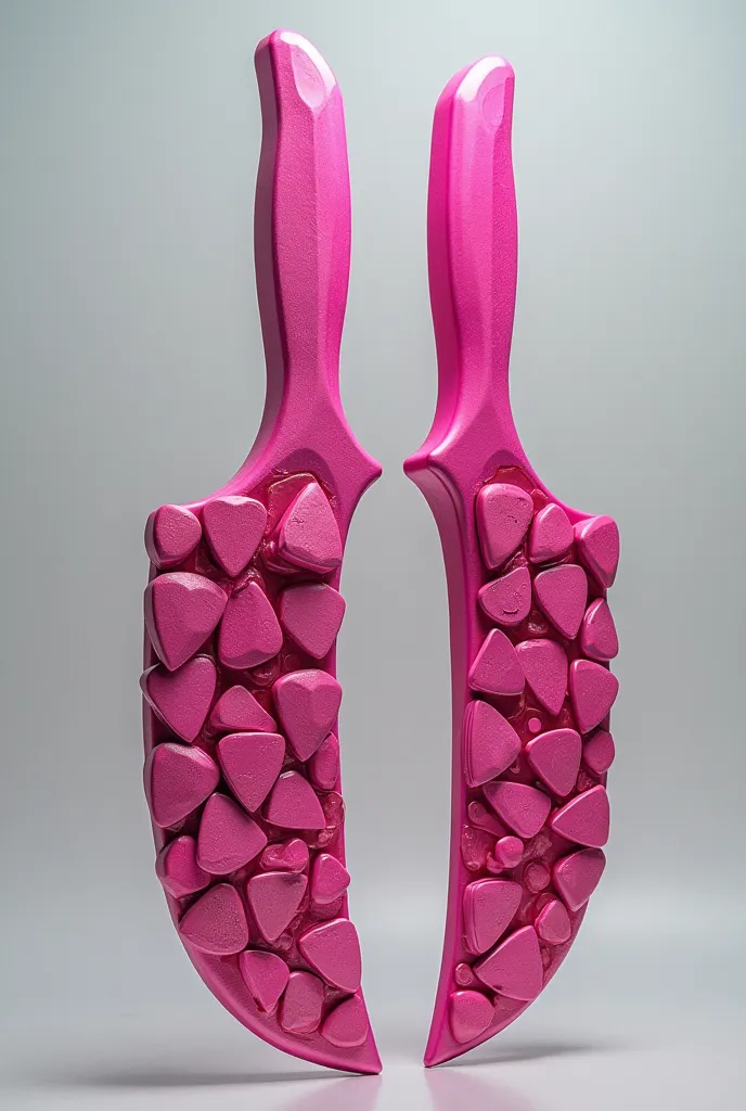 Two pink knives made of many plectrums to the point of becoming pure rock