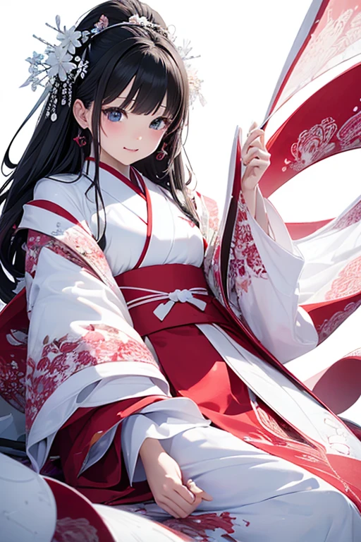 (((White background、White World)))、14 years、Unity 8K Wallpapers、Super detailed、beautiful, beautiful、masterpiece、Please redeem、(Tangleた、Mandala、Tangle、Tangle)、(Fractal Art:1.3)、One Girl、beautiful black hair、Japanese、Big Pink、Red Kimono、Japanese clothing、Very detailed、Dynamic Angle、Cowboy Shot、The most beautiful things come from chaos、elegant、Crazy Design、Bright colors、Romance、atmosphere、Ecstasy Note、Streaming music notes are displayed、(((White background、Pure White background、)))