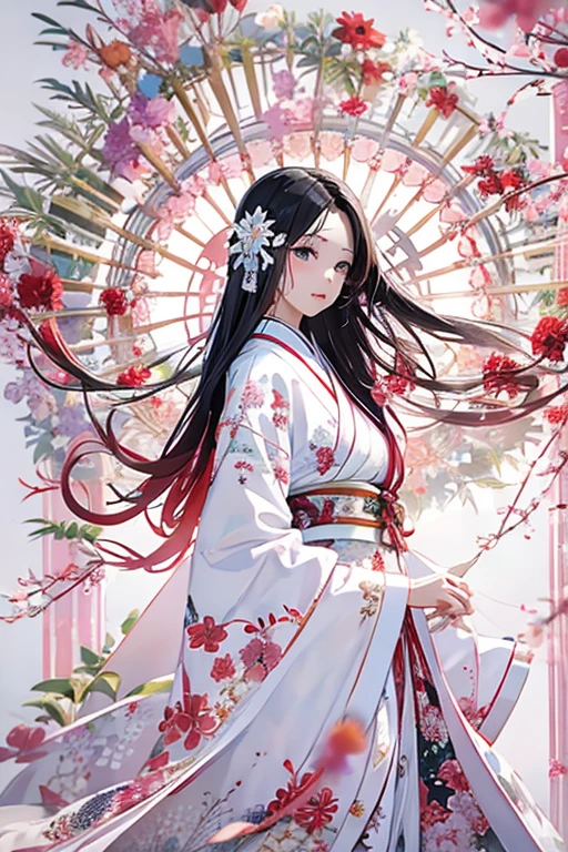 (((White background、White World)))、14 years、Unity 8K Wallpapers、Super detailed、beautiful, beautiful、masterpiece、Please redeem、(Tangleた、Mandala、Tangle、Tangle)、(Fractal Art:1.3)、One Girl、beautiful black hair、Japanese、Big Pink、Red Kimono、Japanese clothing、Very detailed、Dynamic Angle、Cowboy Shot、The most beautiful things come from chaos、elegant、Crazy Design、Bright colors、Romance、atmosphere、Ecstasy Note、Streaming music notes are displayed、(((White background、Pure White background、)))