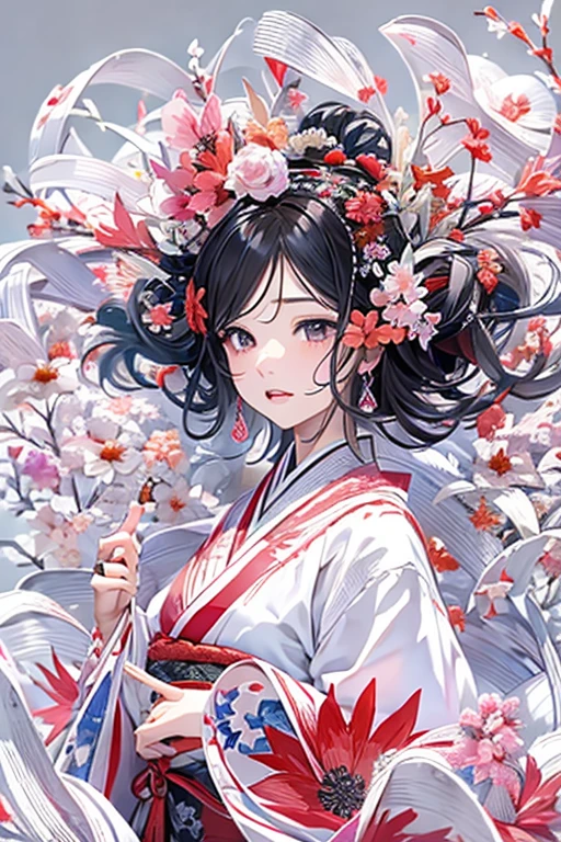 (((White background、White World)))、14 years、Unity 8K Wallpapers、Super detailed、beautiful, beautiful、masterpiece、Please redeem、(Tangleた、Mandala、Tangle、Tangle)、(Fractal Art:1.3)、One Girl、beautiful black hair、Japanese、Big Pink、Red Kimono、Japanese clothing、Very detailed、Dynamic Angle、Cowboy Shot、The most beautiful things come from chaos、elegant、Crazy Design、Bright colors、Romance、atmosphere、Ecstasy Note、Streaming music notes are displayed、(((White background、Pure White background、)))