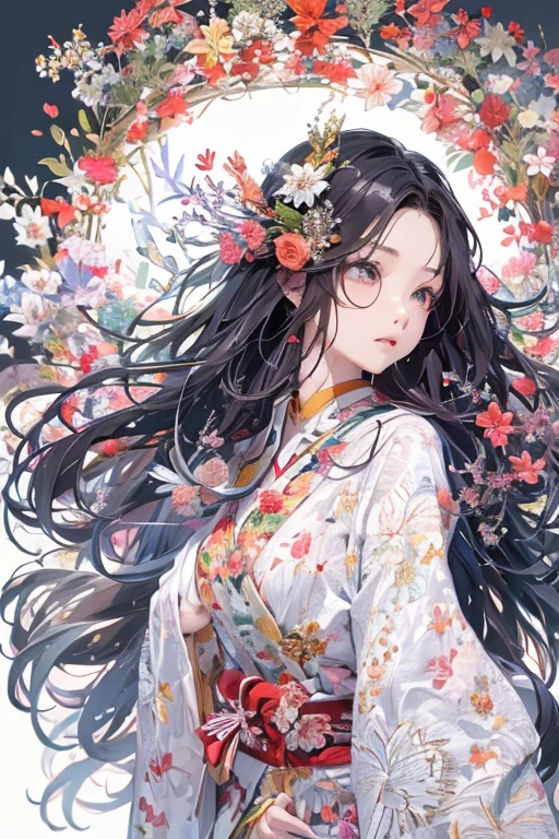 (((White background、White World)))、14 years、Unity 8K Wallpapers、Super detailed、beautiful, beautiful、masterpiece、Please redeem、(Tangleた、Mandala、Tangle、Tangle)、(Fractal Art:1.3)、One Girl、beautiful black hair、Japanese、Big Pink、Red Kimono、Japanese clothing、Very detailed、Dynamic Angle、Cowboy Shot、The most beautiful things come from chaos、elegant、Crazy Design、Bright colors、Romance、atmosphere、Ecstasy Note、Streaming music notes are displayed、(((White background、Pure White background、)))