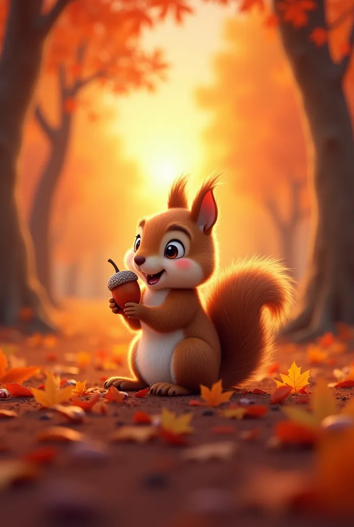 In the forest in autumn, a cute squirrel is holding an acorn in his hand and eating it on the autumn fallen leaves, the autumn sunset is turning the sky red.