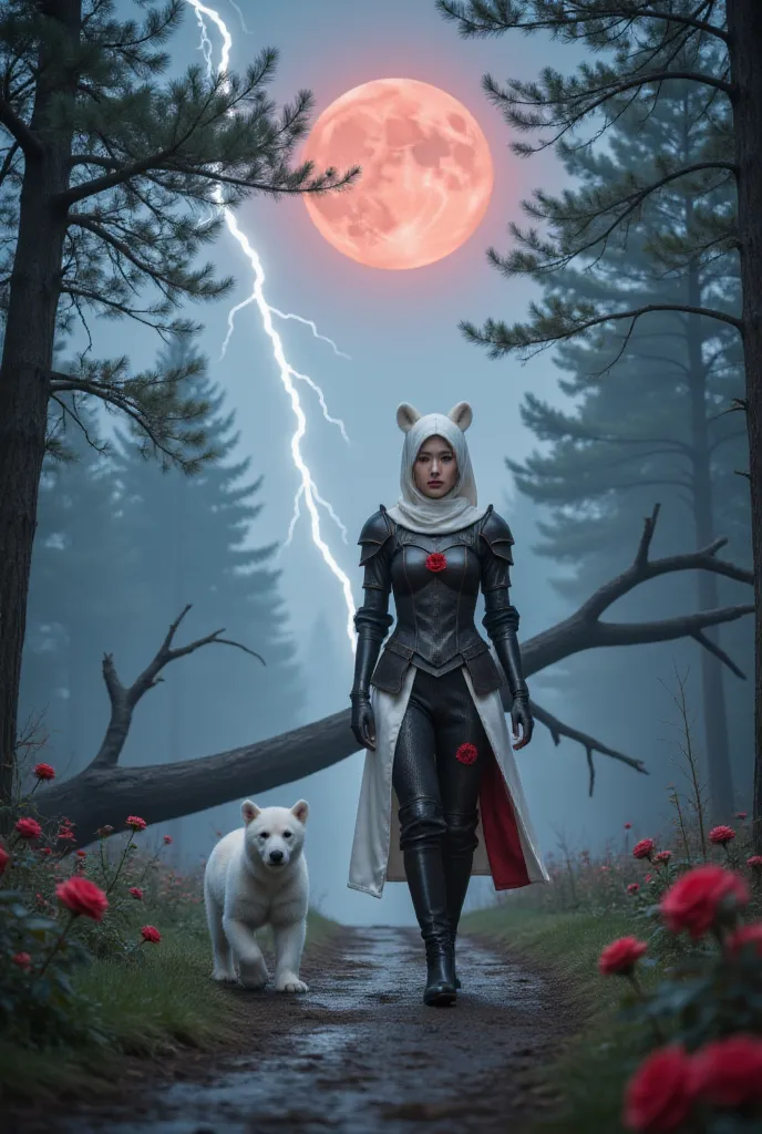 a female knight wearing a white hood,polar bear ears on the head,walking with a polar bear cub in a moonlit forest, roses in blo...