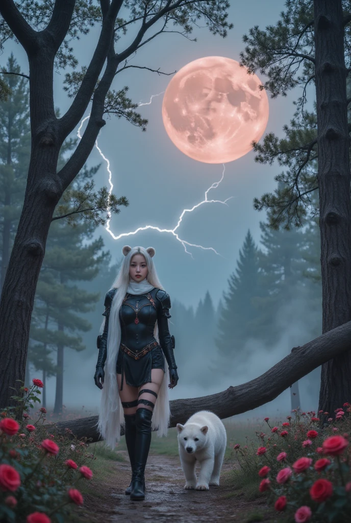 A female knight wearing a white hood,Polar bear ears on the head,Walking with a polar bear cub in a moonlit forest, Roses in bloom，Lightning falls from the sky. Only women wear red eye patches. The photo has a blood moon in the background，A tree fell on the road. The forest is full of leaves. The man&#39;s armor is black，Decorated with red roses. The sky is full of stars. The knight looked thoughtfully at the sky. Forest shrouded in fog.