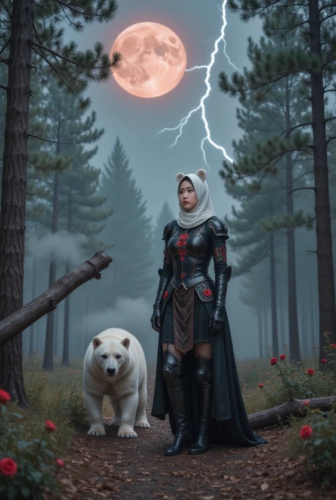 A female knight wearing a white hood,Polar bear ears on the head,Walking with a polar bear in a moonlit forest, Roses in bloom，Lightning falls from the sky. Only women wear red eye patches. The photo has a blood moon in the background，A tree fell on the road. The forest is full of leaves. The woman&#39;s armor is black，Decorated with red roses. The sky is full of stars. The knight looked thoughtfully at the sky. Forest shrouded in fog.