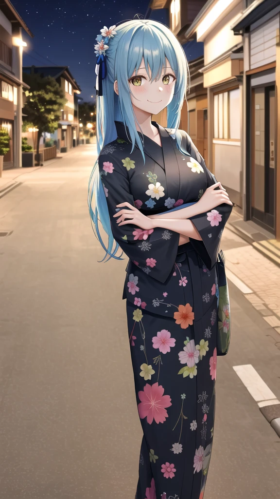 masterpiece, best quality, highres, rimuru tempest, blue hair, long hair, medium breasts, black flower yukata, black yukata, cleveage, breast out, cowboy shot, standing, looking at viewer, city road, outdoor, modern city road, blush, shy, smile, closed mouth, night, sakura tree,