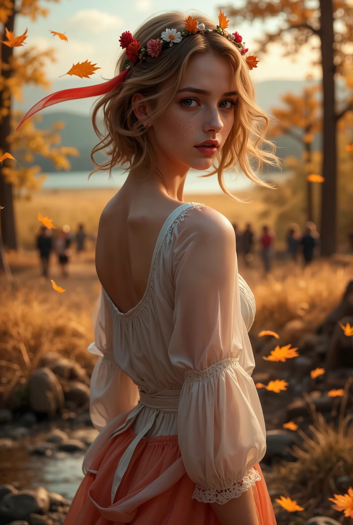 An award-winning, ultra-realistic, surreal landscape image featuring a beautiful female figure standing gracefully, dressed in a flowing maiden robe and adorned with a delicate flower crown. She embodies the serene beauty of autumn, her posture elegant and poised, as she stands amidst a gentle autumn wind that stirs the vibrant leaves around her.

The warm sunlight filters through a canopy of gold, orange, and red leaves, casting a soft, radiant glow across the landscape. The wind sweeps through the trees, lifting the fallen leaves from the ground and sending them swirling around her in a mesmerizing dance. The leaves float and twist, creating an ethereal, almost magical movement that surrounds her, as if the autumn forest is alive and celebrating the season.

With a calm and serene expression, she stands as the embodiment of autumn, her robe billowing gently in the wind, while the leaves continue to dance around her in a swirling pattern of gold and crimson. The rolling hills and colorful trees in the distance enhance the sense of tranquility and majesty, while the crisp, cool air of autumn is almost palpable. The entire scene captures the perfect harmony between the human spirit and the breathtaking beauty of nature, with the wind adding an element of movement and life to the stillness of the autumn forest.