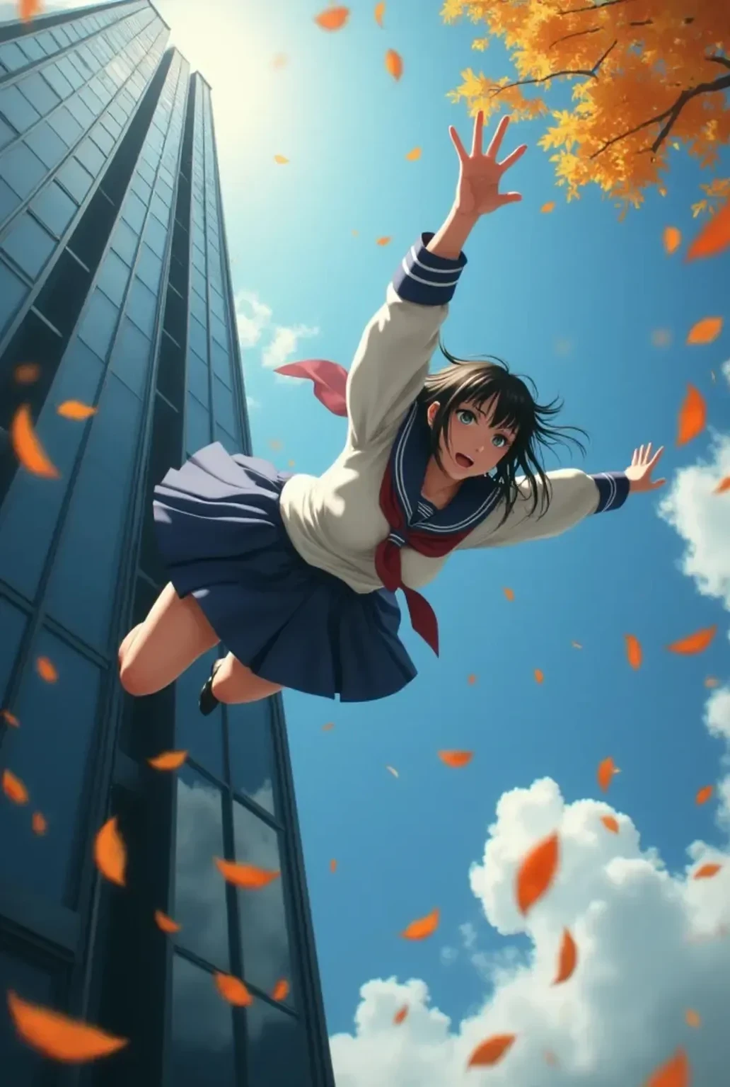 (((photograph、photograph quality、Realistic、Realism))), Best Quality, Best Quality, (Complex and detailed:1.2), Reaching out to grab fallen leaves from a tall building(((Fall headfirst)))Japanese schoolgirl in sailor suit、Flying High School Girl、Dream of falling、Very bold composition、