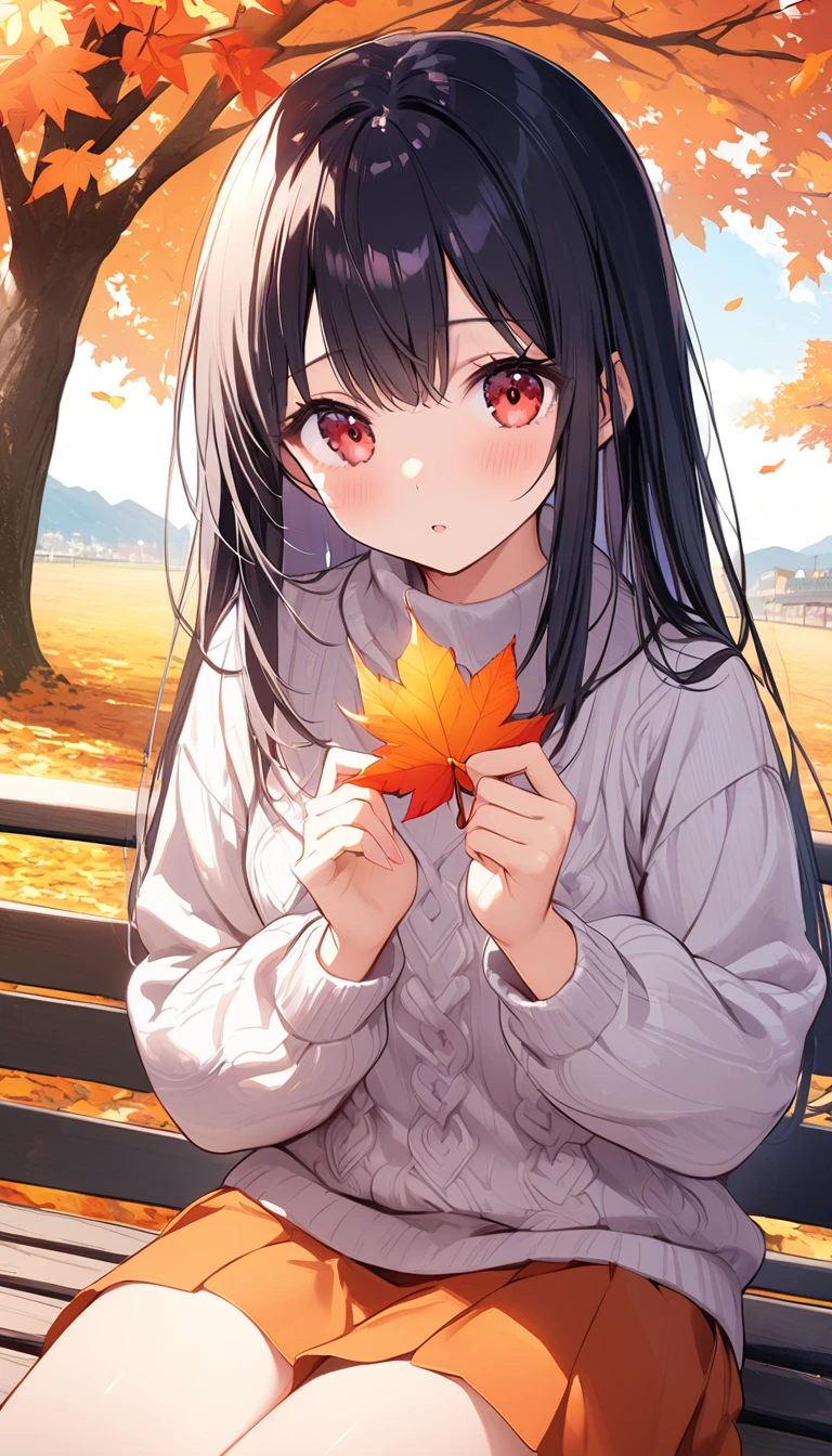 masterpiece、Best Quality、High resolution CG Unity 8K wallpapers、High school girl anime illustration。 1 girl、Alone、Nice hands、Perfect hands、Black Hair、Straight hair、Autumn Clothes、She is wearing a knitted sweater , The landscape is filled with colorful orange fall foliage., red, yellow. The leaves are falling around her,Autumn background、The background is a pale pastel colored landscape.、Sitting on a bench。