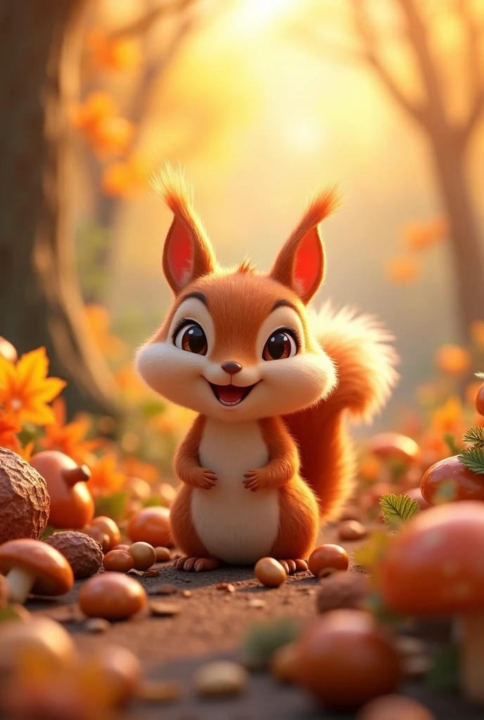 3D Animation、There are lots of autumn nuts、There are also lots of mushrooms、A cute squirrel nearby puffs out its cheeks and looks happy.、Bountiful Autumn、High-definition real photo、16K Quality、