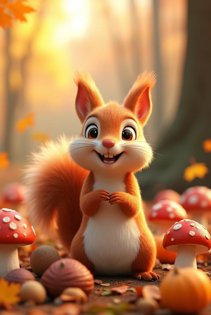 3D Animation、There are lots of autumn nuts、There are also lots of mushrooms、A cute squirrel nearby puffs out its cheeks and looks happy.、Bountiful Autumn、High-definition real photo、16K Quality、