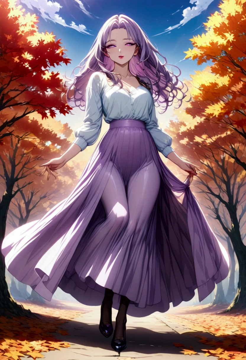 Young beautiful woman,(Best Quality,Extremely detailed depiction,Incredibly absurd high definition,Anatomically accurate,Beautiful legs,Detailed pupil,Porcelain-like skin),(Casual light-colored fall outfits,Maxi Skirt,tights,shoes),(Purple Eyes,eyelash,A seductive smile,Glossy lips,Flashy makeup,Seductive gestures,Mouth open),Full body image:1.3,Autumn season,Autumnal leaves々,Autumn leaves,background:Autumnal foliage of the mountain,Pleasant blue sky,High quality anime pictures